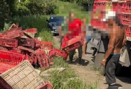 Caminhão com carga de frangos vivos tomba na AL-210, em Viçosa