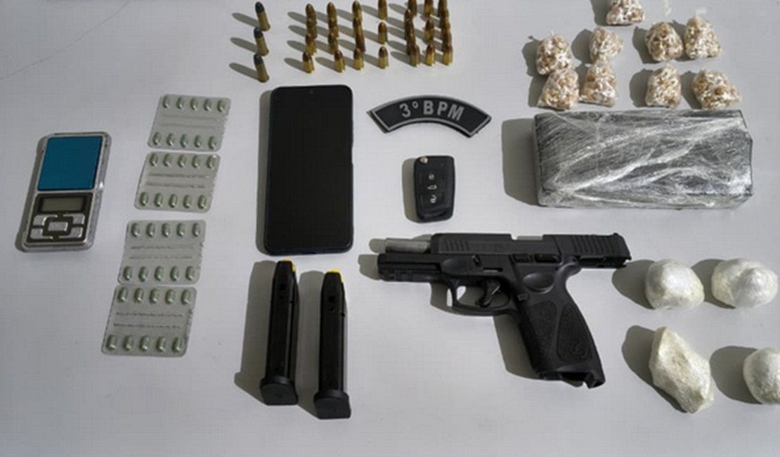 Homem é preso após ser flagrado com pistola em Arapiraca; munições e drogas foram apreendidas