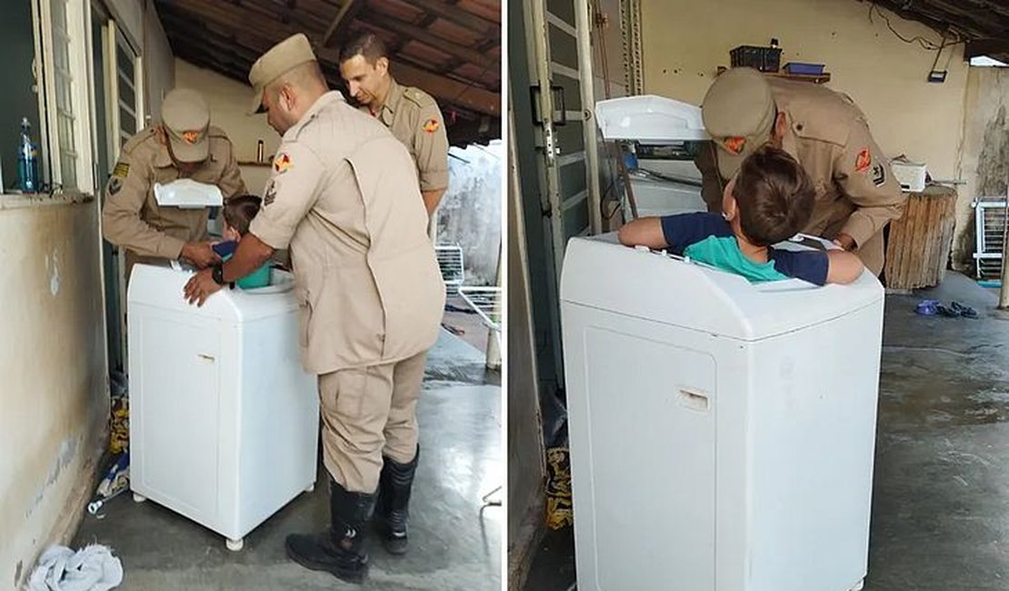 Menino fica preso em máquina de lavar roupas enquanto brincava em casa e bombeiros são acionados