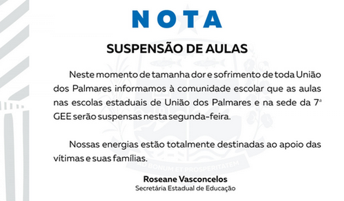 Secretaria de Educação suspende aulas nesta segunda (25) nas escolas da rede estadual de União dos Palmares