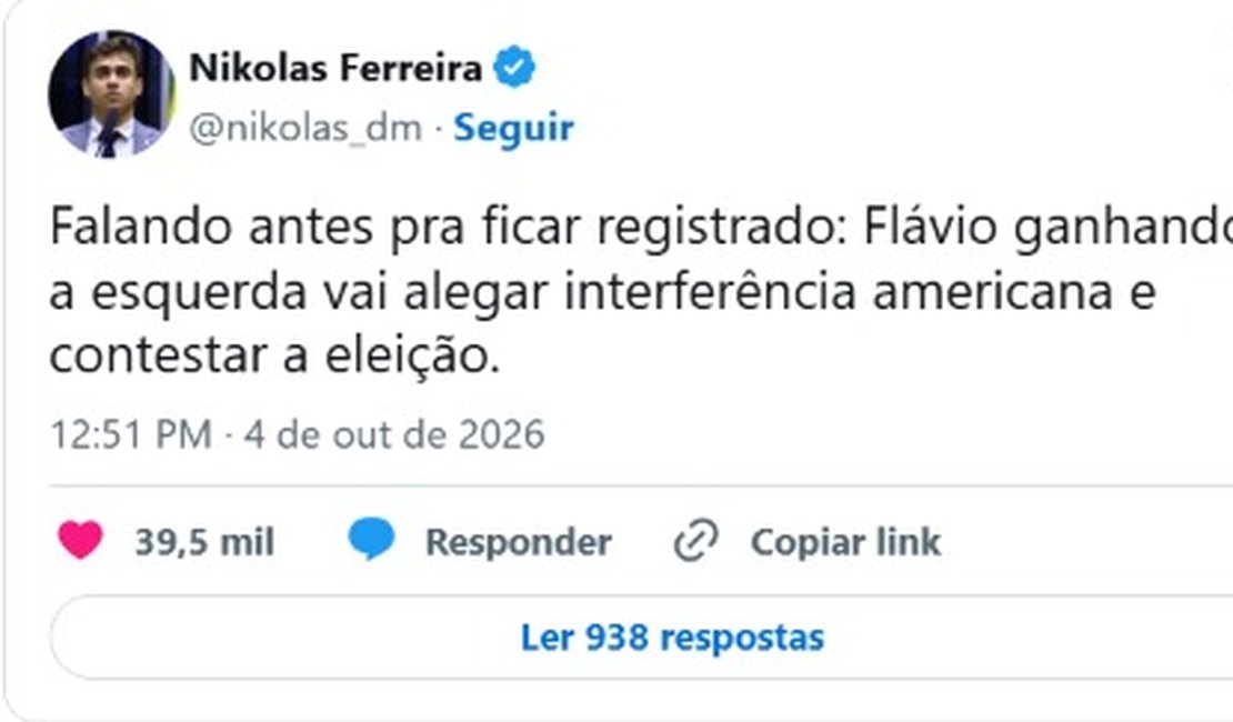 “Se Flávio ganhar, esquerda vai alegar interferência americana”, diz Nikolas Ferreira