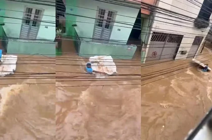Em vídeo, homem aparece sendo arrastado pela correnteza de enchente no Grande Recife