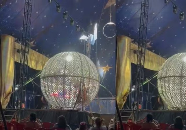 Mulher fica ferida após colisão de motos durante espetáculo 'Globo da Morte' em circo no Piauí