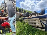 Caminhoneiro fica preso às ferragens após carreta tombar na BR-101, em Novo Lino