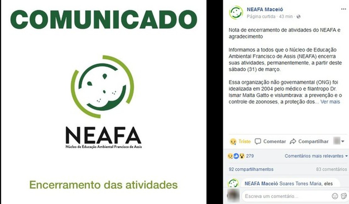 Neafa encerra as atividades e vira clínica veterinária popular em Maceió