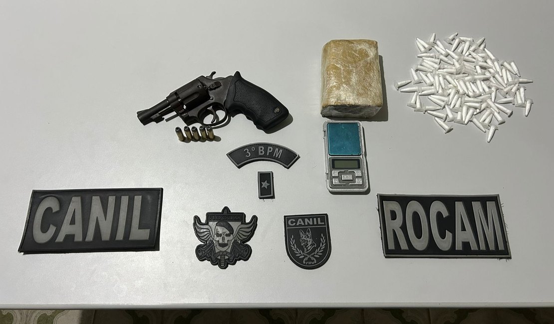 Ação policial prende suspeito de homicídio e apreende drogas e arma, em Arapiraca