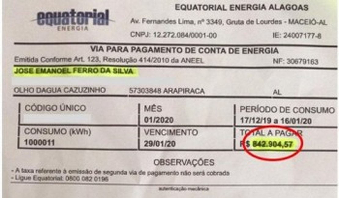 Equatorial afirma que corrigiu conta de energia com valor excessivo de arapiraquense