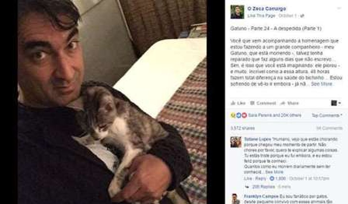 Zeca Camargo se despede de gato de estimação e ganha mais de 20 mil curtidas no Facebook