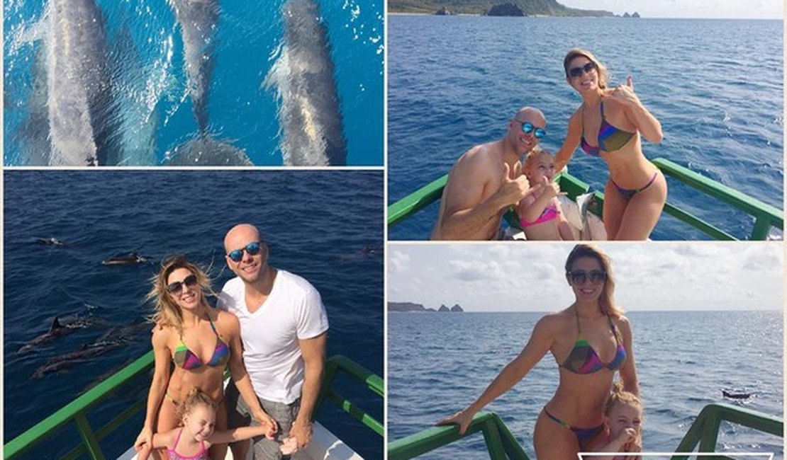 Sheila Mello passeia com a família e encontra golfinhos em Noronha
