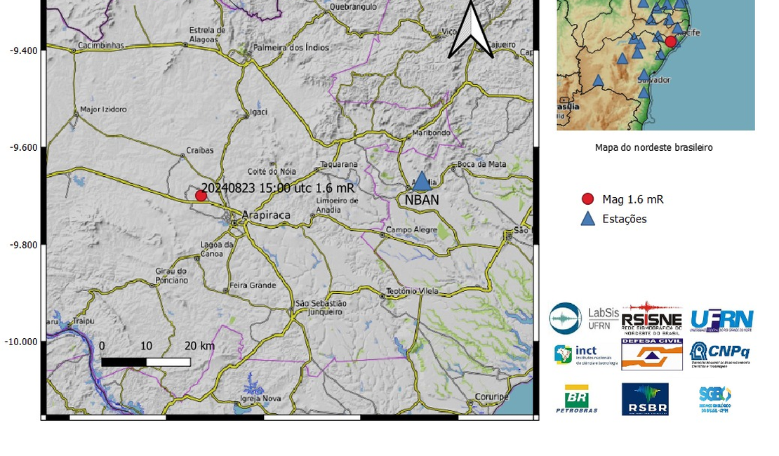 Laboratório Sismológico da UFRN registra tremor de magnitude preliminar 1.6 entre Craíbas e Arapiraca