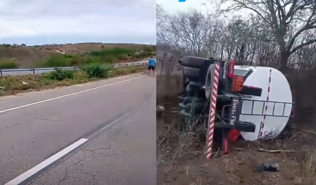 Caminhão com carga de combustível tomba na AL-220, em Jaramataia