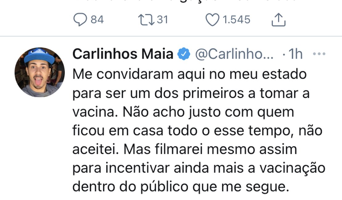 Carlinhos Maia diz que foi chamado para tomar vacina para divulgar imunização