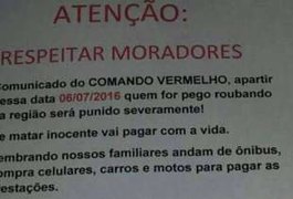 'Quem for pego roubando será punido severamente': o cartaz anticrime atribuído ao Comando Vermelho