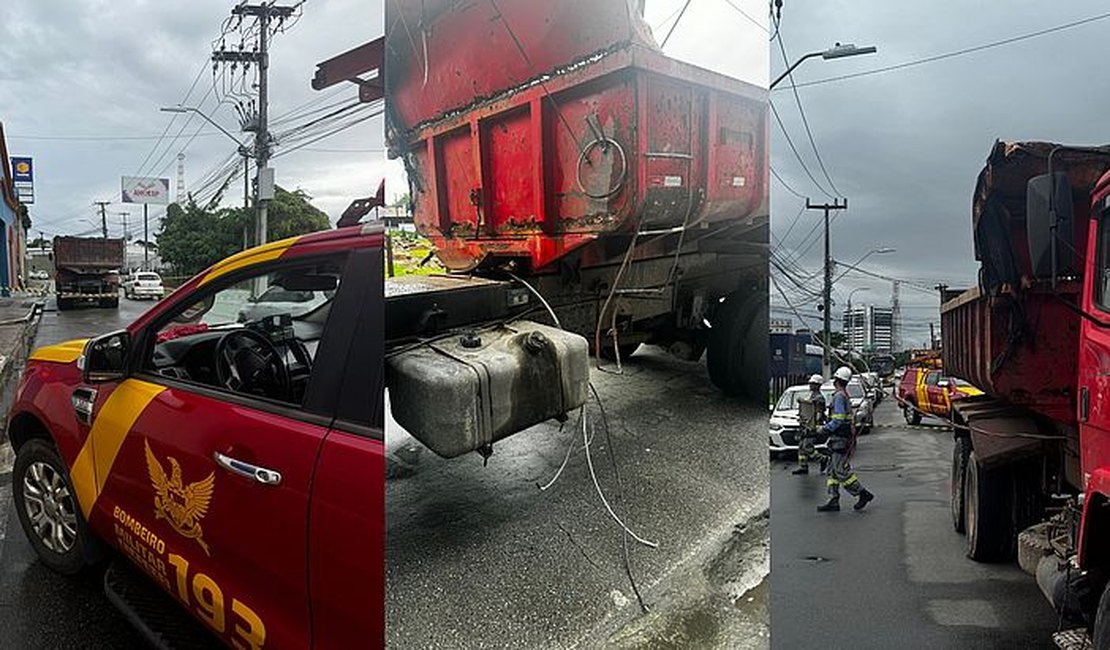 Motorista é socorrido após fios de poste caírem na cabine de caminhão, em Maceió